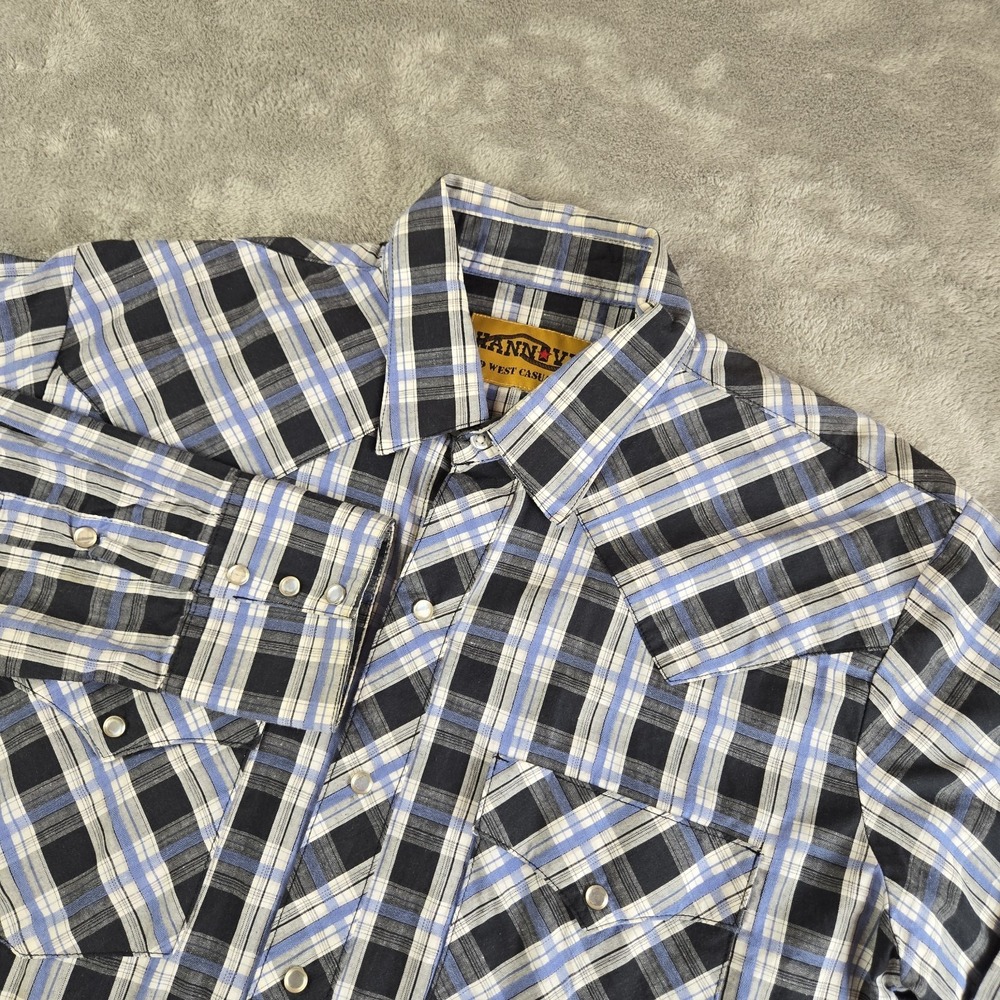 Hannover Shirt Men M/L Blue White Gray Plaid Pearl Snap Old West Flap Pockets